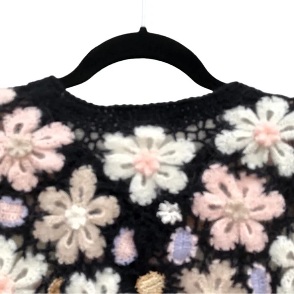 RARE‼️ Crochet Cardigan Mohair Black Floral Button Down , by Flame Size L - Picture 5 of 16
